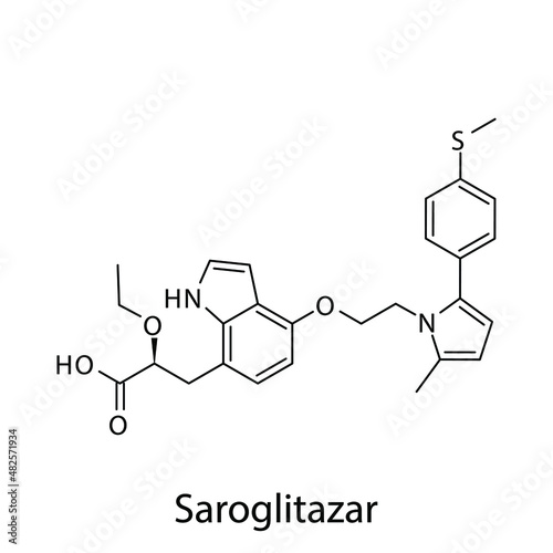 Saroglitazar molecular structure, flat skeletal chemical formula. Dual PPAR agonist drug used to treat Diabetes type 2. Vector illustration.