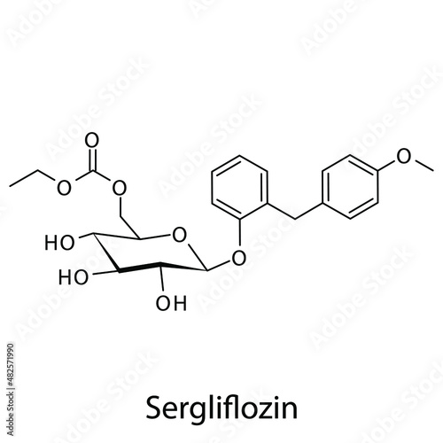 Sergliflozin molecular structure, flat skeletal chemical formula. SGLT2 inhibitor drug used to treat Diabetes type 2. Vector illustration.