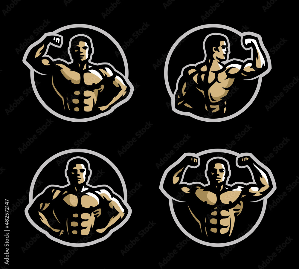Bodybuilding black and white logos set on a dark background. Vector illustration.