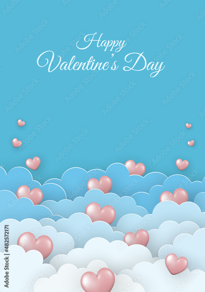 Valentine's Day greeting card. Paper clouds and pink 3d hearts on blue background.