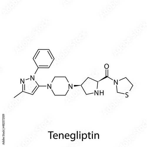 Tenegliptin molecular structure, flat skeletal chemical formula. DPP4 inhibitor drug used to treat Diabetes type 2. Vector illustration.
