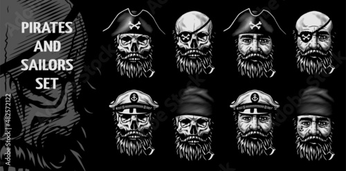 Set of sailors and pirates, skulls and heads on a dark background. Vector illustration.