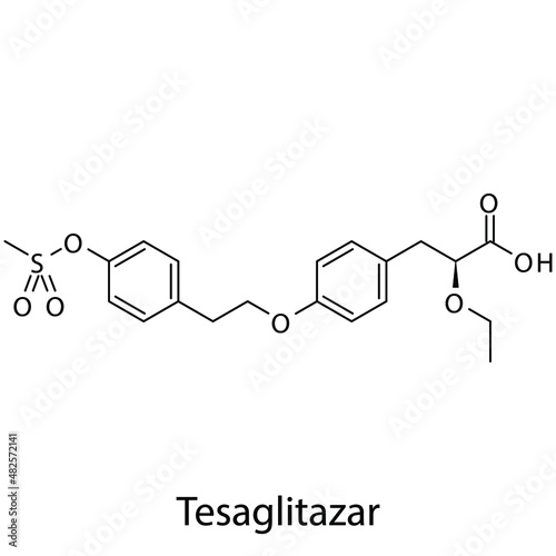 Tesaglitazar molecular structure, flat skeletal chemical formula. Dual PPAR agonist drug used to treat Diabetes type 2. Vector illustration.