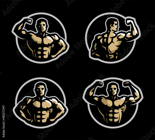 Bodybuilding black and white logos set on a dark background. Vector illustration.