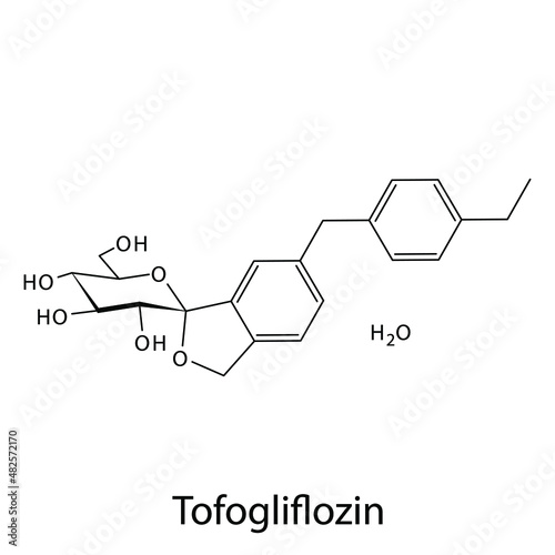 Tofogliflozin molecular structure, flat skeletal chemical formula. SGLT2 inhibitor drug used to treat Diabetes type 2. Vector illustration.