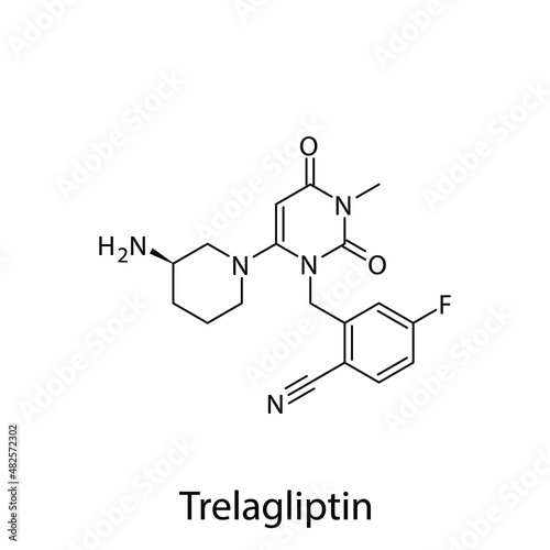 Trelagliptin molecular structure, flat skeletal chemical formula. DPP4 inhibitor drug used to treat Diabetes type 2. Vector illustration.
