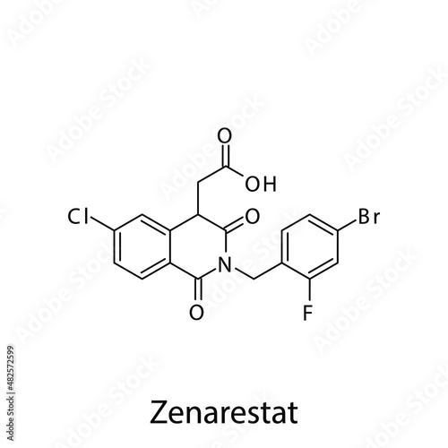 Zenarestat molecular structure, flat skeletal chemical formula. Aldose reductase inhibitors drug used to treat Diabetes type 2. Vector illustration.