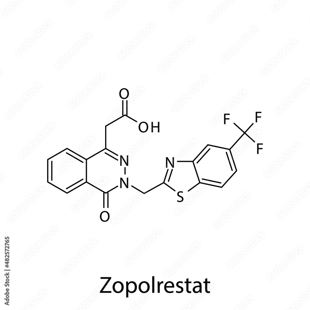 Zopolrestat molecular structure, flat skeletal chemical formula. Aldose reductase inhibitors drug used to treat Diabetes type 2. Vector illustration.