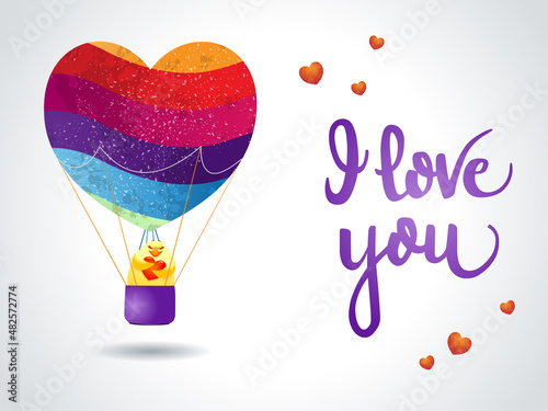 Valentine card with balloon, chick, heart and message. Vector illustration eps10