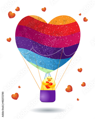 Valentine card with balloon, chick and hearts. Vector illustration eps10
