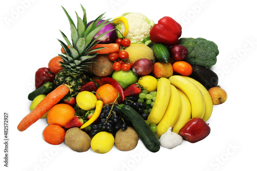 Fruits and vegetables apples isolated white pineapple,Strawberry Grapes potatoes carrots peppers 