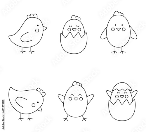 Set of cute black and white Easter chickens in cartoon style.