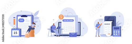 Tax declaration illustration set. Characters preparing documents for tax calculation, making income tax return and calculating business invoices. Taxation concept. Vector illustration.