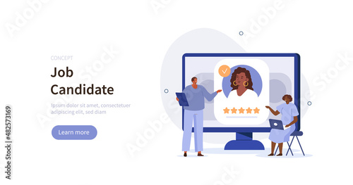 Job candidate having interview with HR manager. Character applying for work position. Job recruitment process concept. Vector illustration.