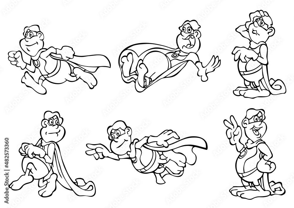 Cartoon superhero six different positions	
Black and White