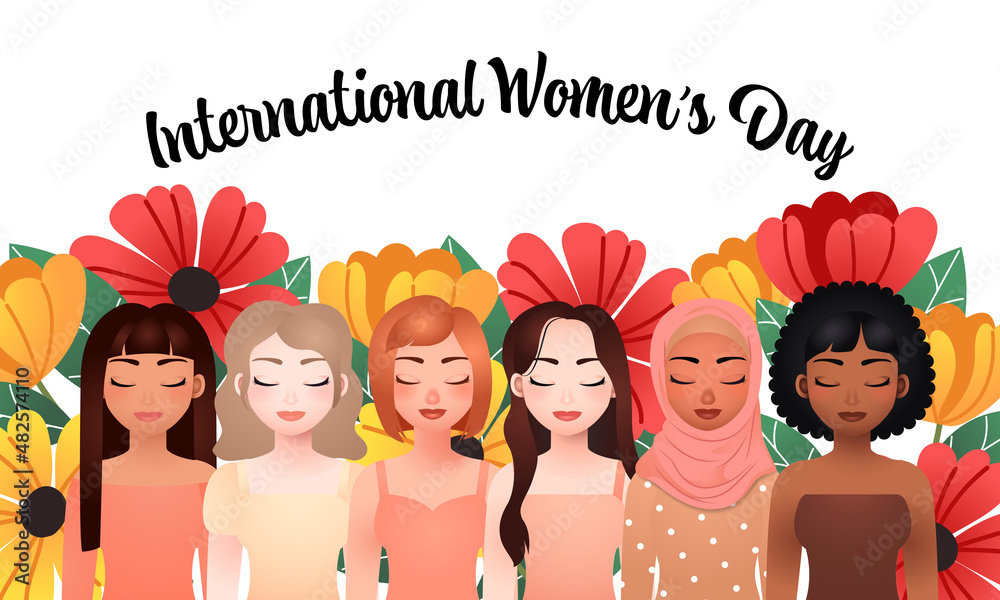 Pretty girls of different color celebrating International women's day. 8 March illustration banner