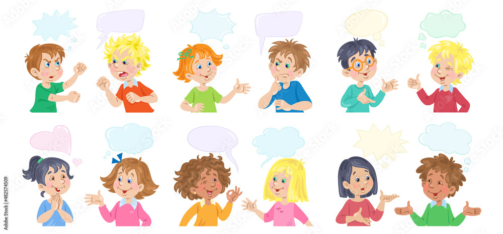 Set of dialogues with different emotions. Children with different skin and hair colors. Vector illustration with speech bubbles. Place for your text. In cartoon style. Isolated on white background. Set of dialogues with different emotions. Children with different skin and hair colors. Vector illustration with speech bubbles. Place for your text. In cartoon style. Isolated on white background.