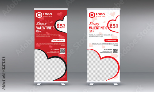 Roll up banner design for valentine's day, sale Roll Up banner, valentine's day offer and discount banner, promotion Banner,x-banner,holiday, advertisement,red heart bg for Valentine's day 14 February
