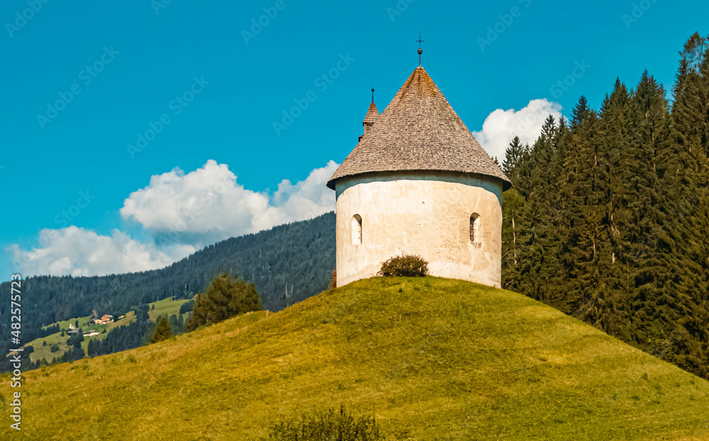 Beautiful chapel on a sunny summer day near Toblach, Soth Tyrol, Italy