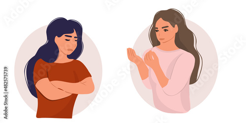 Two women quarrel, conflict, get nervous, try to explain, prove something, do not want to listen.Sad, confused and surprised woman throws up her hands.  Flat vector illustration