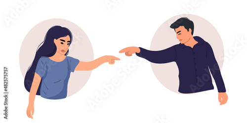 Young aggressive man and woman screaming and blaming each other, family conflict or disagreement.
Bad relationship concept. Flat vector illustration