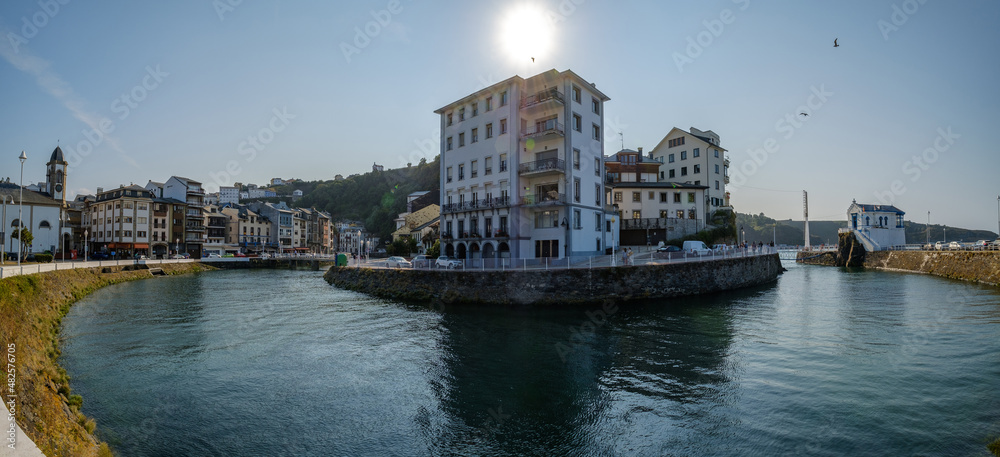 Rio Negro, Black river as it passes through the town of Luarca, Asturias Spain, Europe. Landscape with fishing and pleasure port with boats, harbor.