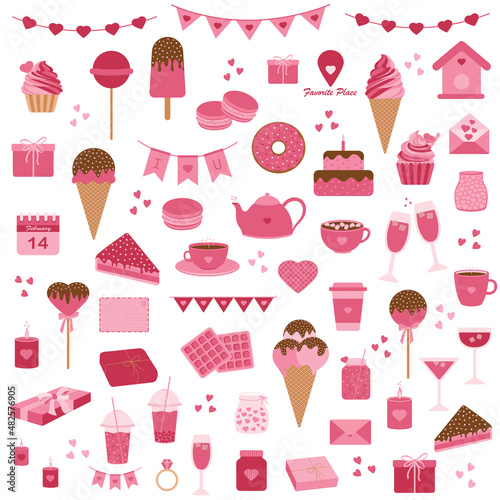 Valentine's Day Elements Set. Gifts, Ice creams, Desserts, Drinks, Tea, Coffee, Candles, Stationery and other Items. Vector Illustration for Valentines day Stickers, Scrapbooking, cards, Journal etc 