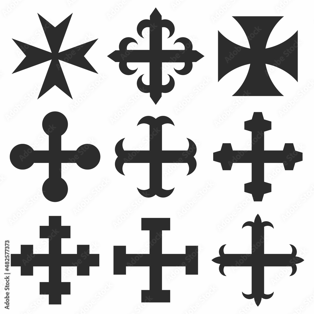 vector monochrome icon set with Medieval heraldic crosses for your project