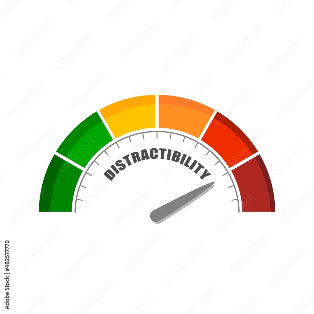 Distraction measuring device with arrow and scale. Social media or environment that disturb and cannot focus on work. Unproductive lifestyle concept. Distraction measuring device with arrow and scale. Social media or environment that disturb and cannot focus on work. Unproductive lifestyle concept.