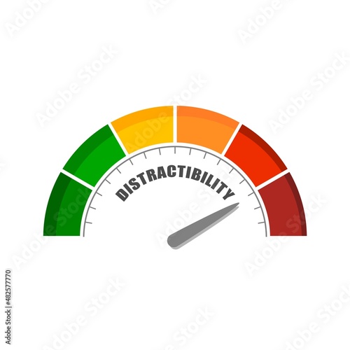 Distraction measuring device with arrow and scale. Social media or environment that disturb and cannot focus on work. Unproductive lifestyle concept.