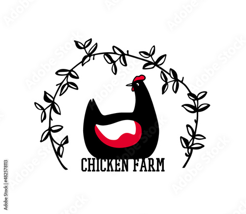 Vector card with hand drawn cute black hen on its eggs in graceful floral wreath. Beautiful design elements, ink drawing, chicken farm logo template