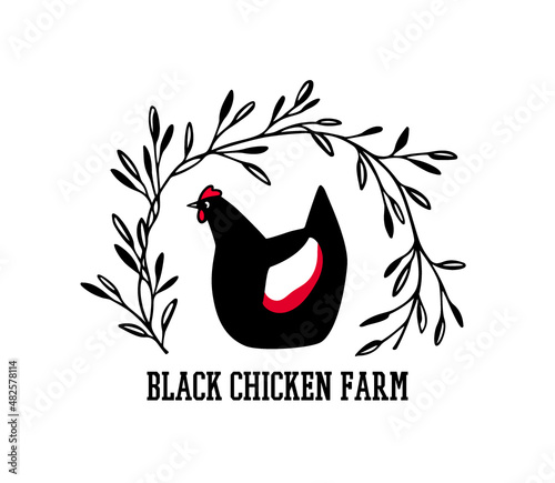 Vector card with hand drawn cute speckled hen on its eggs in graceful floral wreath. Beautiful design elements, ink drawing, chicken farm logo template
