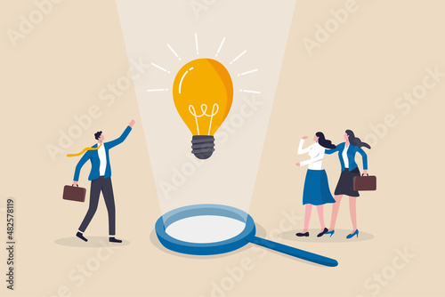 Business insights intelligence information for competitive advantage and win competition, discover business solution concept, business people team looking at lightbulb floating from magnifying glass.