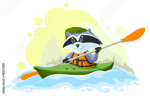 Animal boy scout raccoon swim boat canoe vector cartoon