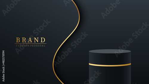 Background for product presentation and promotion. Round podium, pedestal or platform. 3d cylinder exhibit display. Black and gold. Vector illustration.