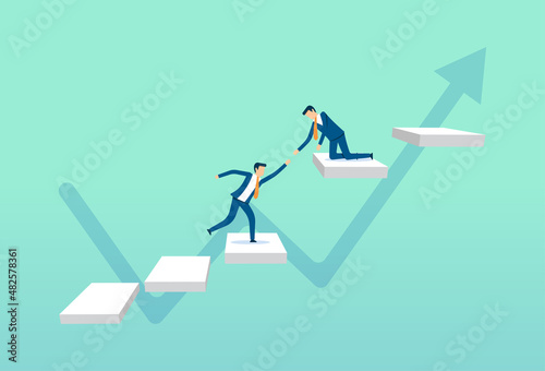 Businessman pulling team partner up the stairs, growing up, cheering people, teamwork support