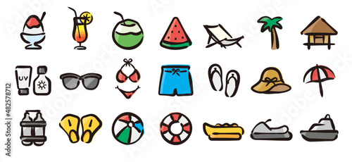 Beach and summer icon set for graphic (Hand-drawn line, colored version)