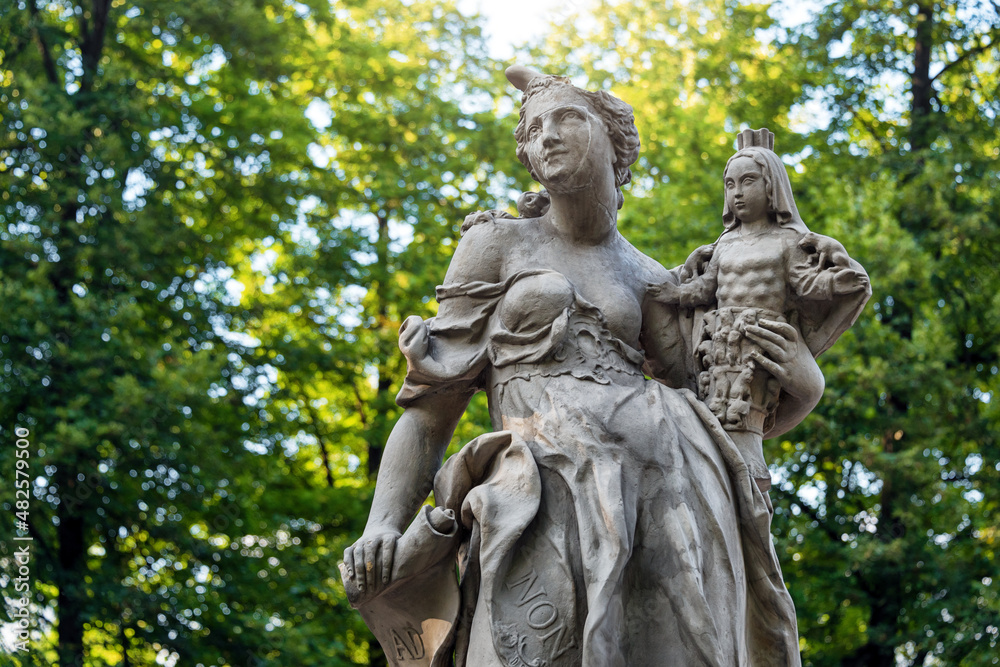 Sandstone statues in the Saxon Garden, Warsaw, Poland. Made before 1745 by anonymous Warsaw sculptor under the direction of Johann Georg Plersch. Statues of Greek mythical muses Sandstone statues in the Saxon Garden, Warsaw, Poland. Made before 1745 by anonymous Warsaw sculptor under the direction of Johann Georg Plersch. Statues of Greek mythical muses