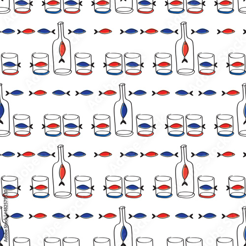 Modern seamless pattern with hand drawn bottles of wine glasses and cute fishes. Background for restaurant, bar menu, party, alcohol drinks, wrapping paper, textile, wallpapers and scrapbook. Vector.