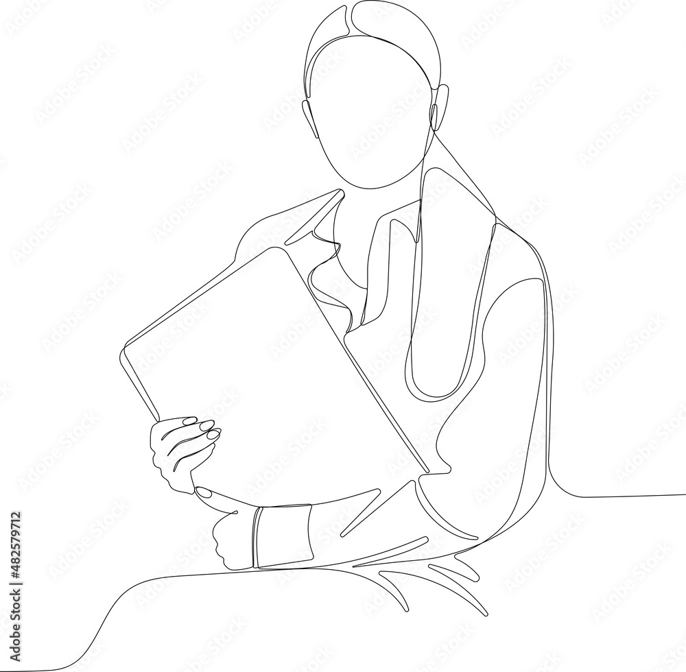 One continuous line is the concept. Continuous line drawing of loan officer negotiating with bank client about credit application business entities parties or young business woman working on laptop One continuous line is the concept. Continuous line drawing of loan officer negotiating with bank client about credit application business entities parties or young business woman working on laptop