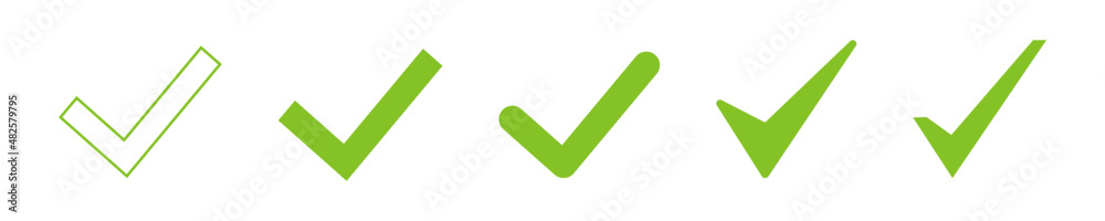 Check mark vector icon isolated on white background. Green box set ...