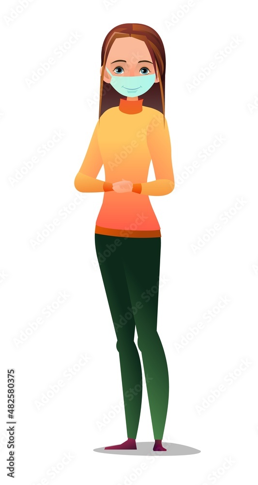 Handsome little girl in mask. Cheerful middle aged teen. Cheerful person. Standing pose. Cartoon comic flat design. Single character. Illustration isolated on white background. Vector Handsome little girl in mask. Cheerful middle aged teen. Cheerful person. Standing pose. Cartoon comic flat design. Single character. Illustration isolated on white background. Vector