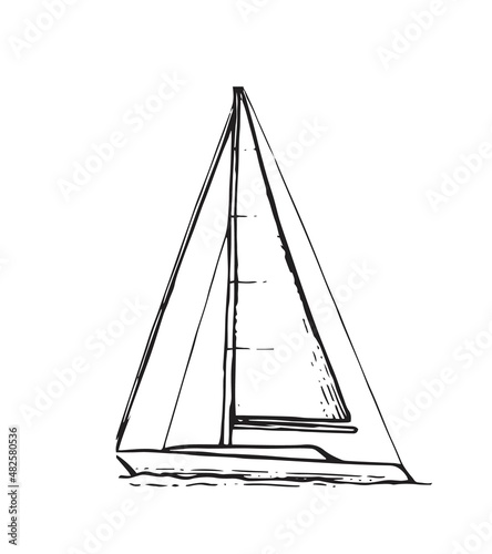 Wallpaper Mural Sailing yacht floats on waves. Side view. Small ship for recreation and travel. Outline sketch. Hand drawing isolated on white background. Vector Torontodigital.ca
