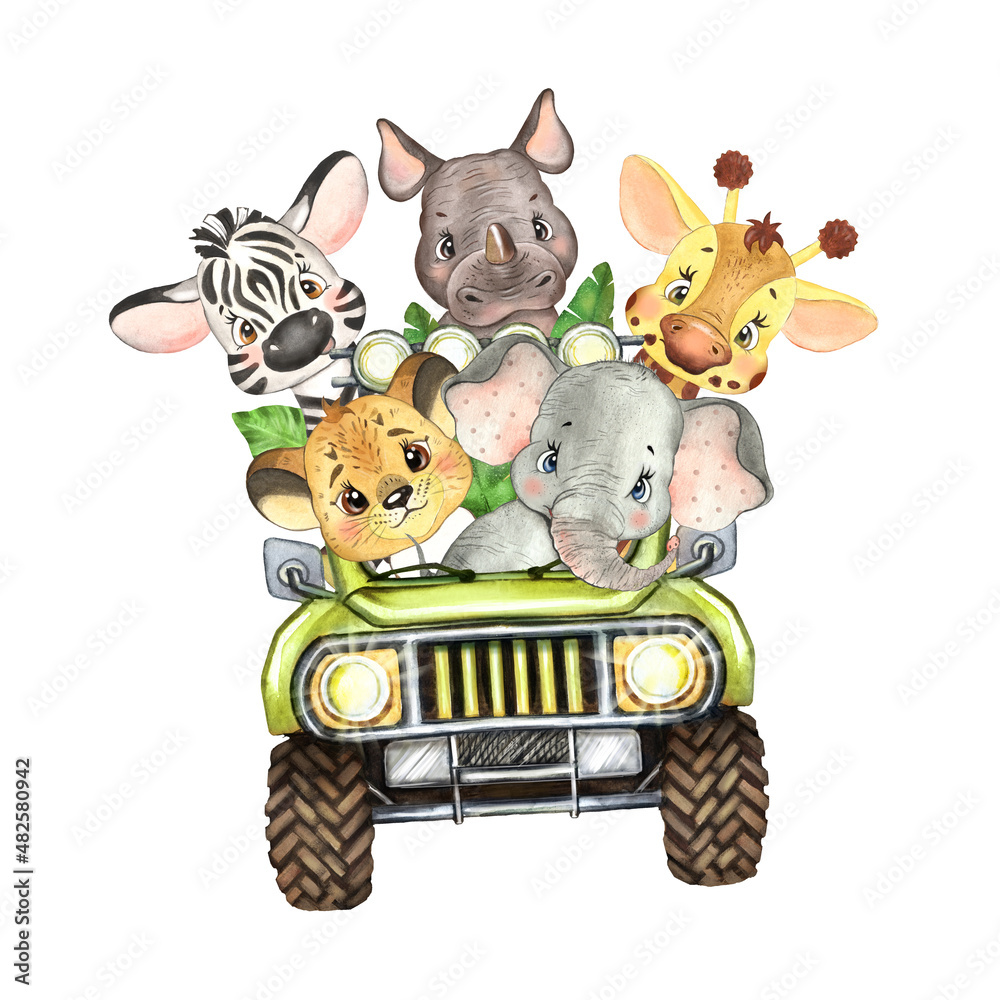 Safari animals in a jeep watercolor illustration. Children's print 