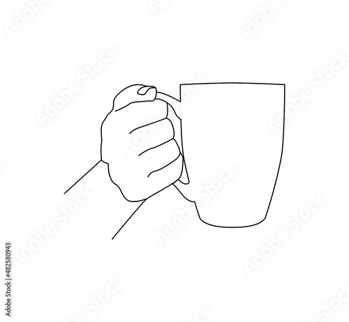 the girl's hand is holding a mug. Side view. Linear style illustration