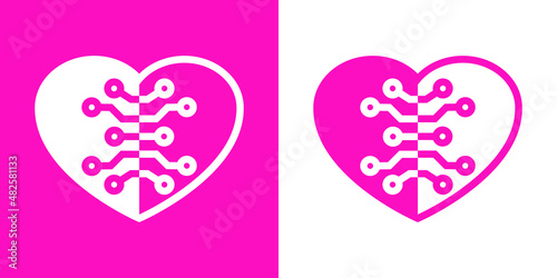 Logo digital love. Icono con silueta de corazón con líneas como circuito electrónico en fondo rosa y fondo blanco