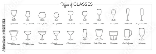 Vector line art set of alcohol glasses. Vector illustration