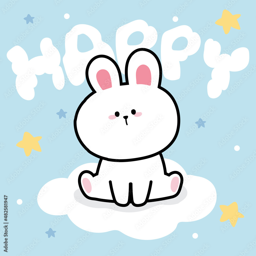 Cute rabbit sit on cloud cartoon.Sky background.Happy text.Animal
