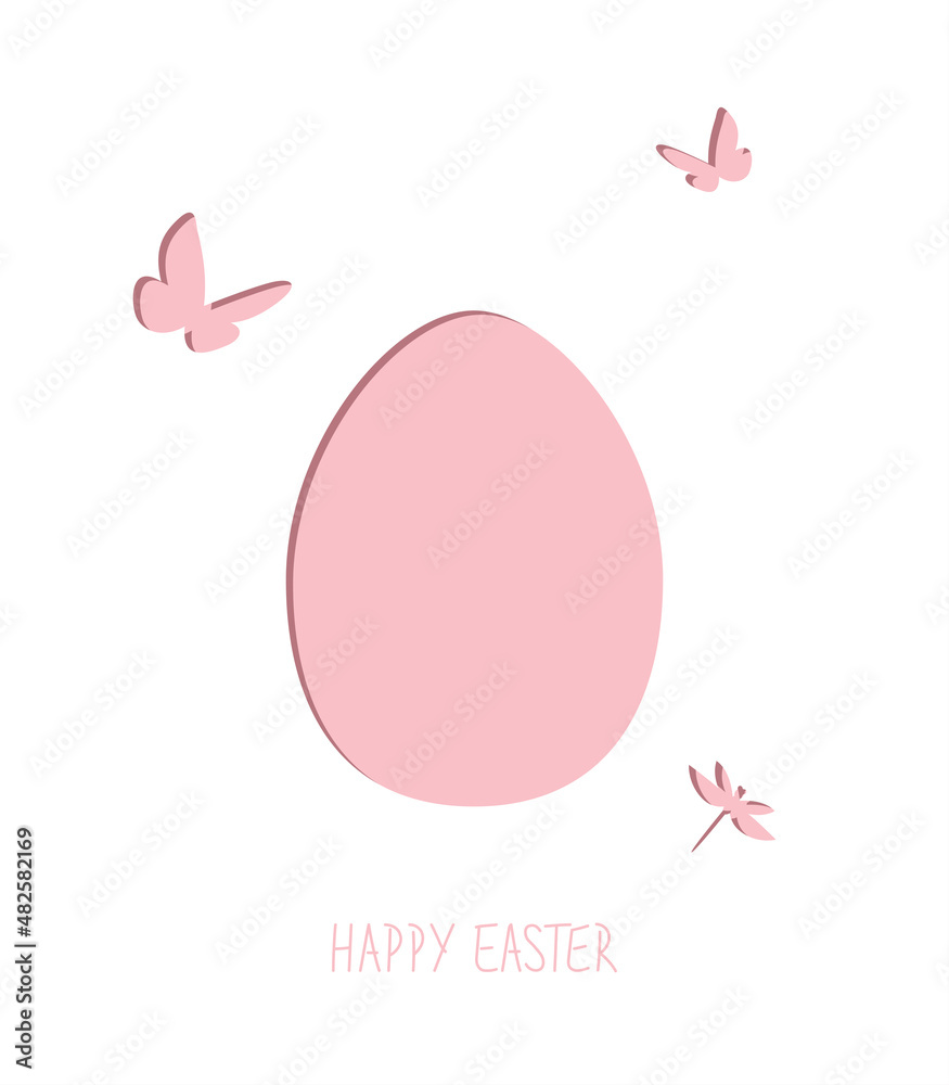 Easter greeting card with pink egg silhouette and butterflies. Vector template for laser cut.