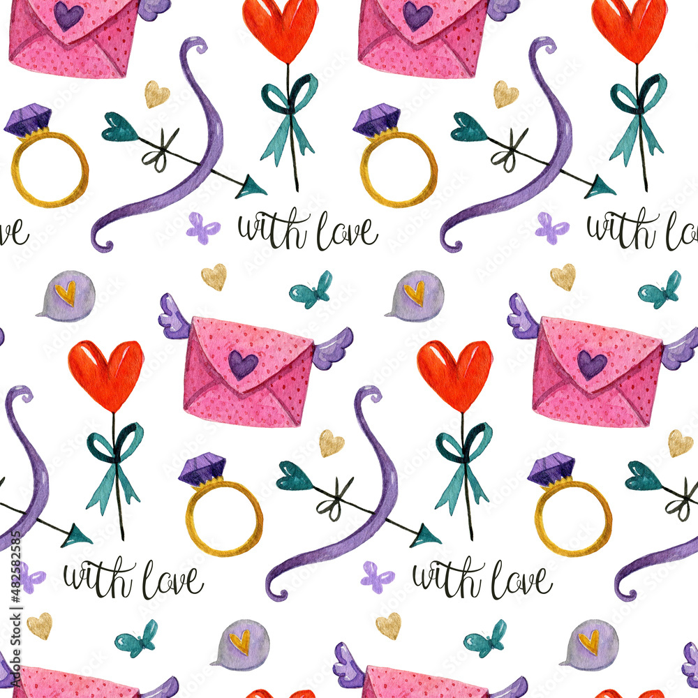 Fototapeta premium Watercolor pattern with letters, rings, bow and arrows, butterfly and hearts on white background.Hand painting seamless pattern for valentine day.